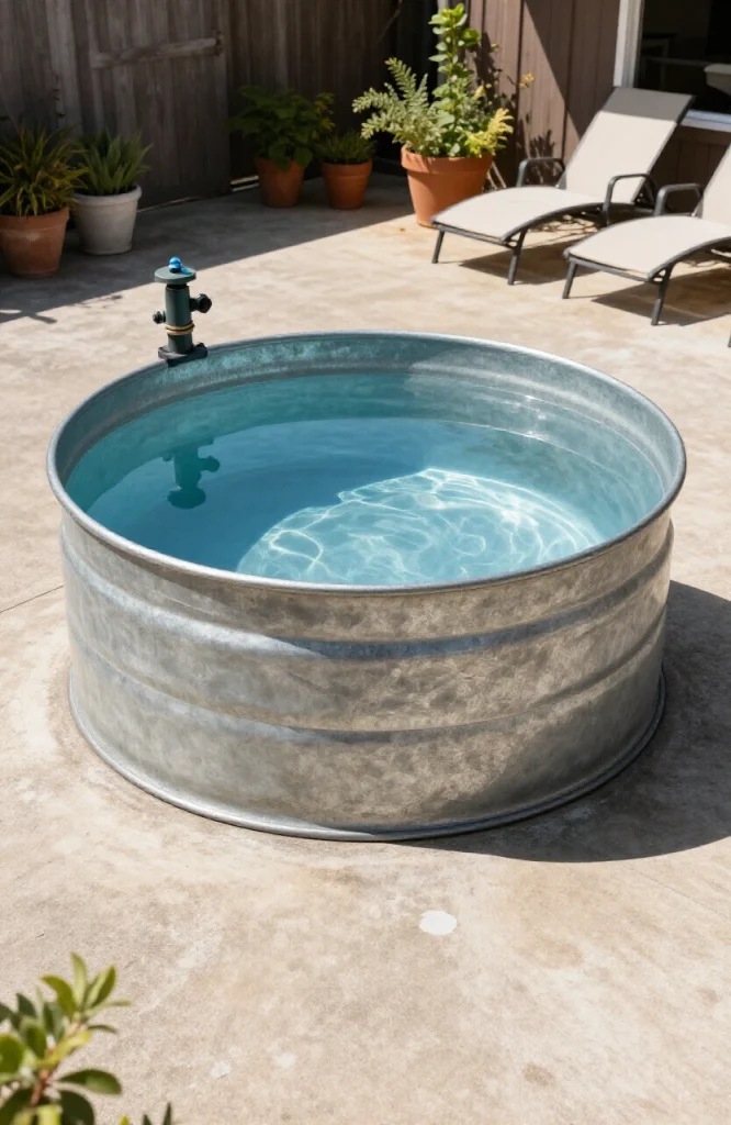 Galvanized steel stock tank converted into a plunge pool positioned on existing backyard patio