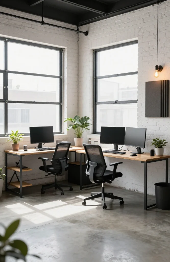 Organized garage converted into a professional studio office with workbench, storage shelving, task lighting, and modern desk