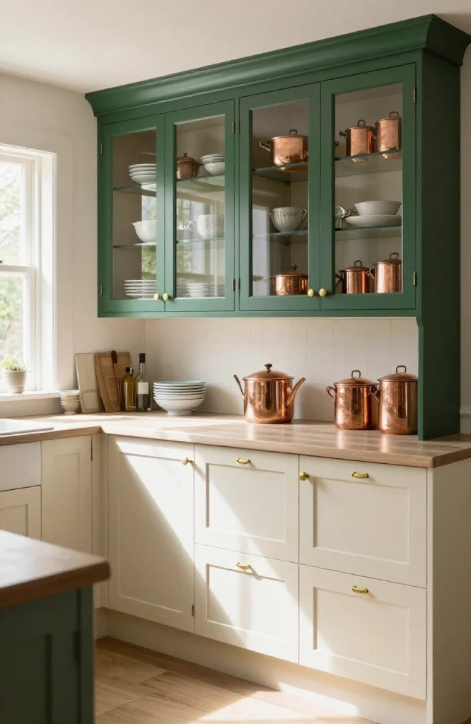 Victorian kitchen with glass front upper cabinets displaying fine dishware and copper cookware