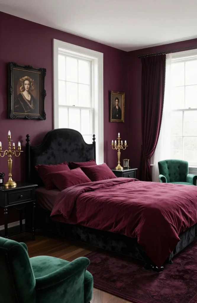 Dark gothic bedroom with black walls, purple accents, ornate furniture and dramatic lighting creating a complete Halloween-th