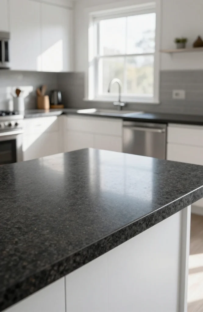 Polished granite countertop with natural veining in gray and black tones, showing durability and elegant appearance similar t
