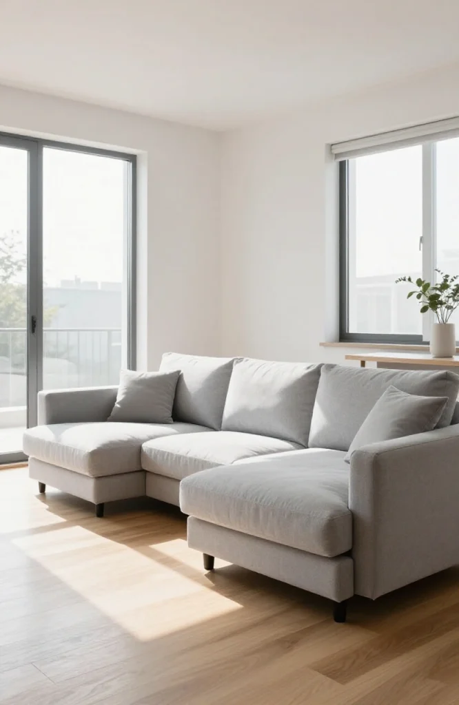 Modern grey L-shaped sofa in minimalist living room with neutral decor and natural light