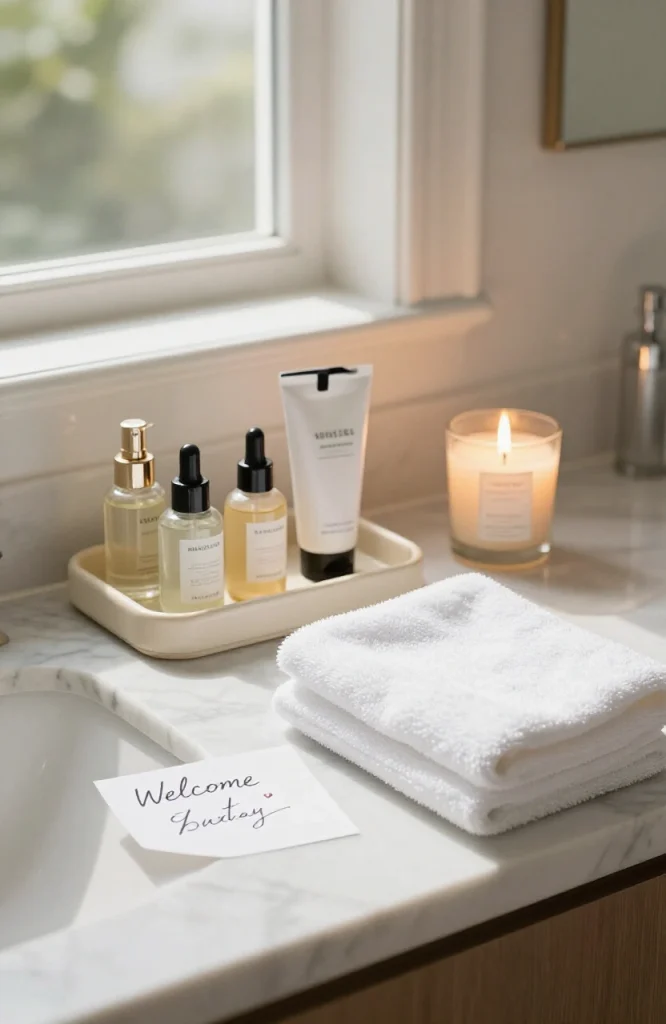 Organized guest bathroom amenity tray with toiletries, towels, and decorative accessories on vanity counter