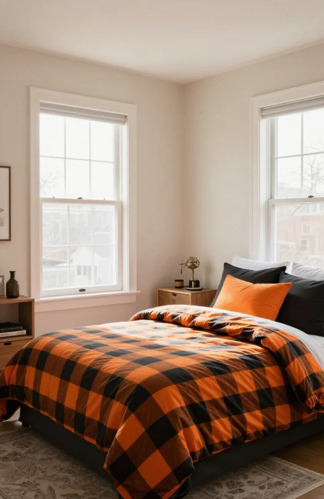 Halloween themed bedding set with orange and black colors displayed on bedroom bed