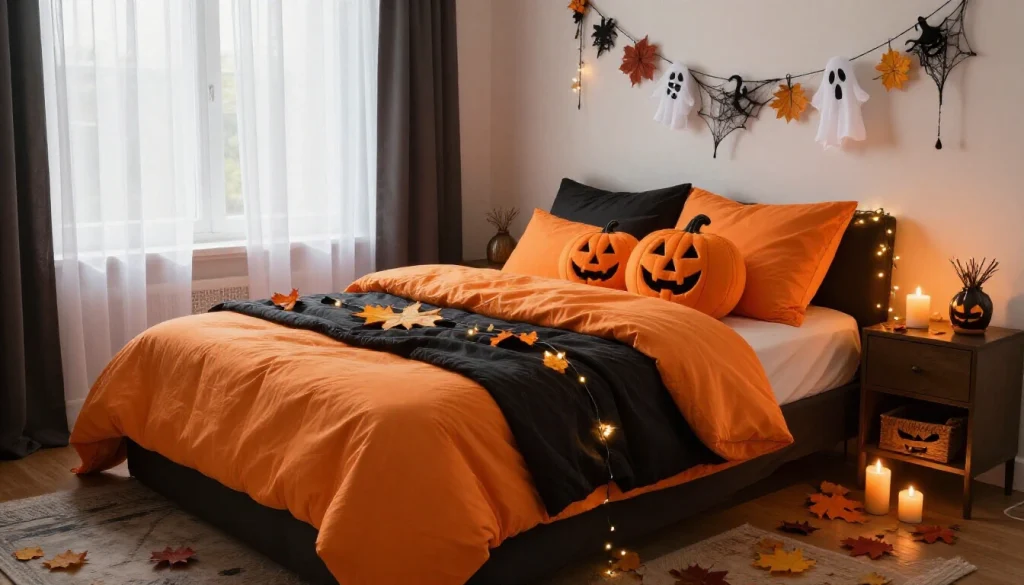 Decorated bedroom with Halloween themed bedding, pumpkins, string lights, and autumn foliage for seasonal bedroom makeover