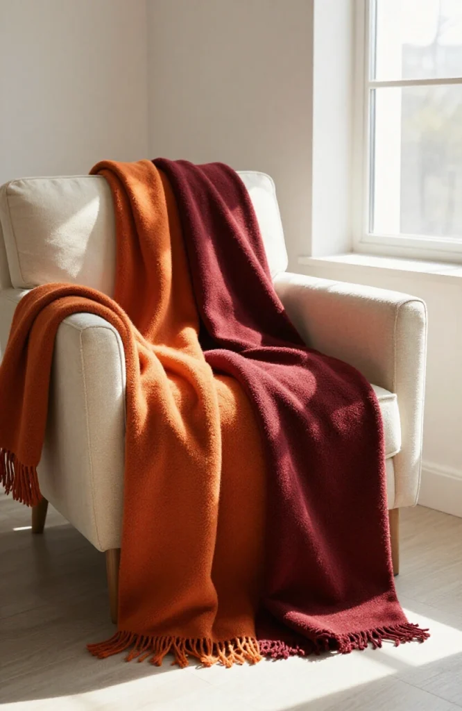 Bedroom decorated for Halloween featuring three throw blankets in matching orange and black tones draped over bed and furnitu