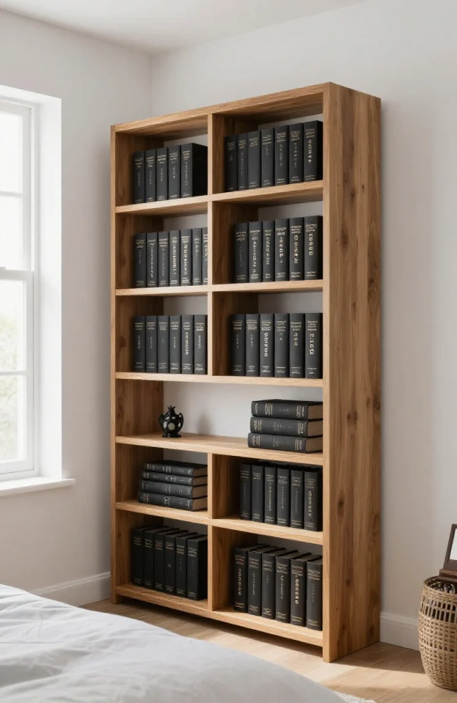 Bookshelf decorated with Halloween items including books, candles, pumpkins, and seasonal decor arranged in styled groupings