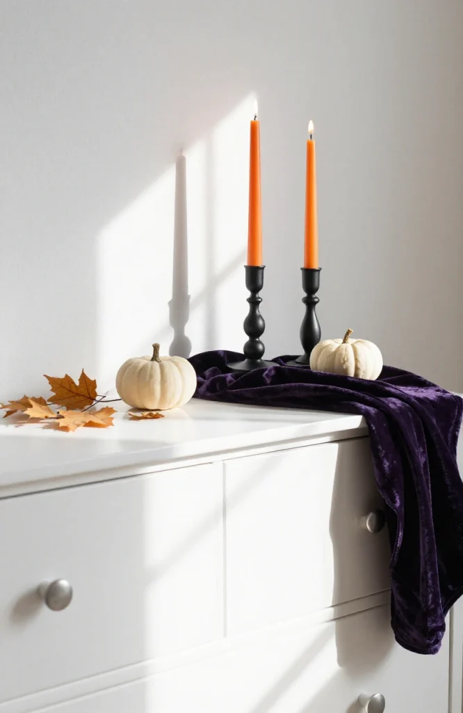 Bedroom dresser decorated for Halloween with lit candles, pumpkins, and autumn decorations arranged in a candlelit scene