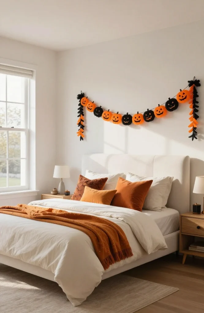 Black and orange Halloween garland with pumpkins and bats hanging on bedroom wall above bed headboard for festive decoration