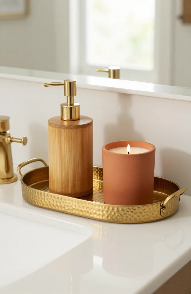 Hammered brass antique gold tray on bathroom vanity holding toiletries and decorative items for organized styling