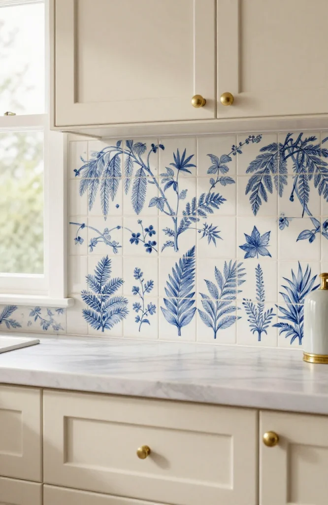 Handpainted tile backsplash featuring botanical leaves, birds, and geometric patterns in Victorian style kitchen design