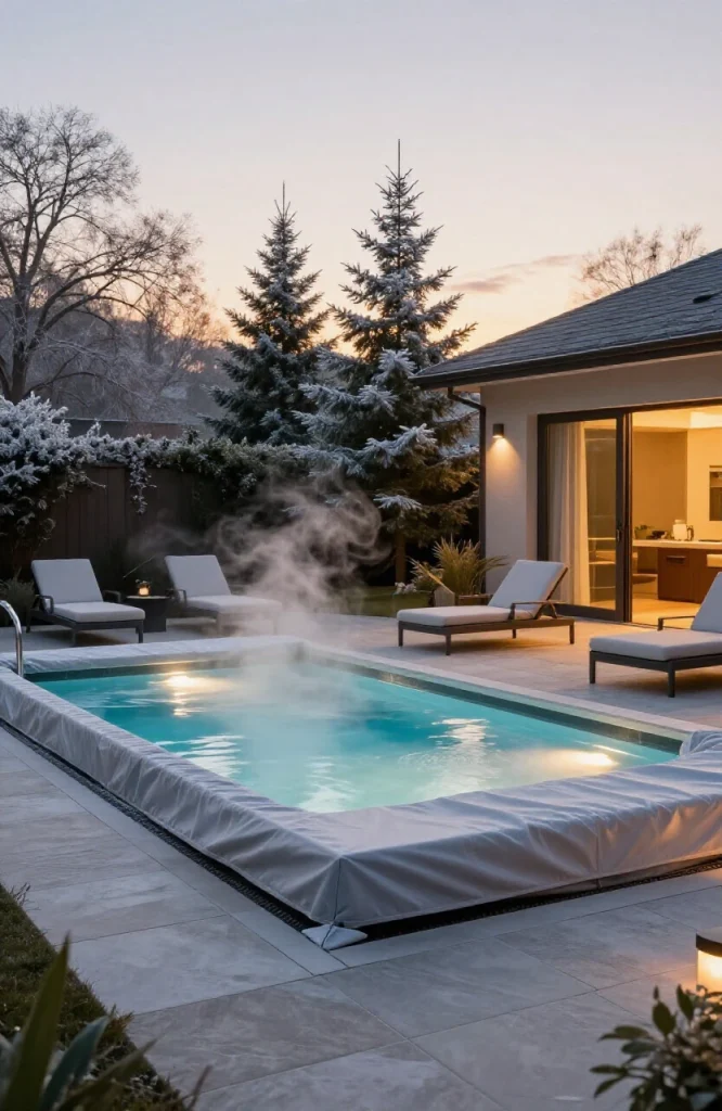 Heated plunge pool with insulated cover maintaining temperature for cold weather use in residential backyard