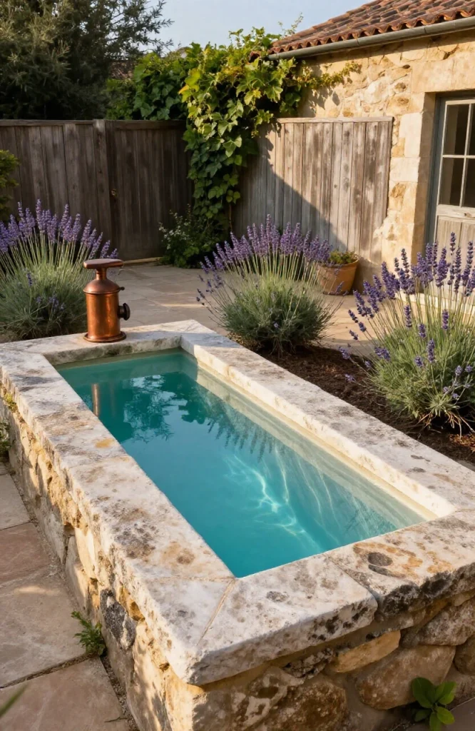 Rustic stone trough repurposed as small soaking pool in garden setting with water and landscaping