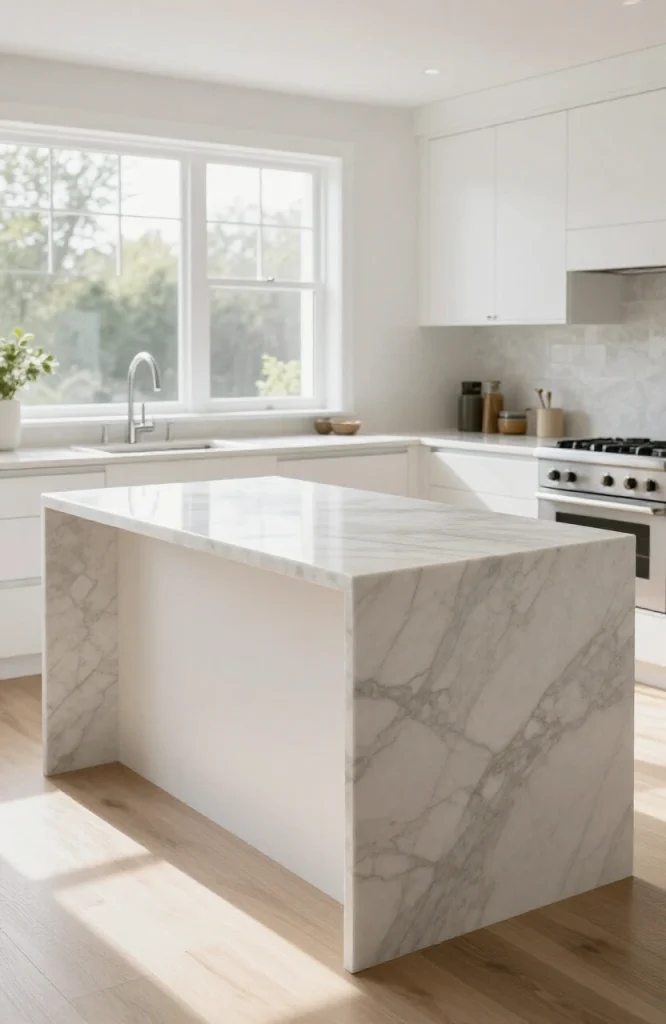 High-pressure laminate countertop with marble-style veining and white surface pattern resembling natural stone