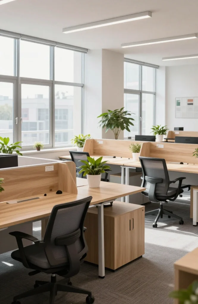 Modern hot-desking workspace with shared desk, ergonomic chair, laptop, and collaborative office environment