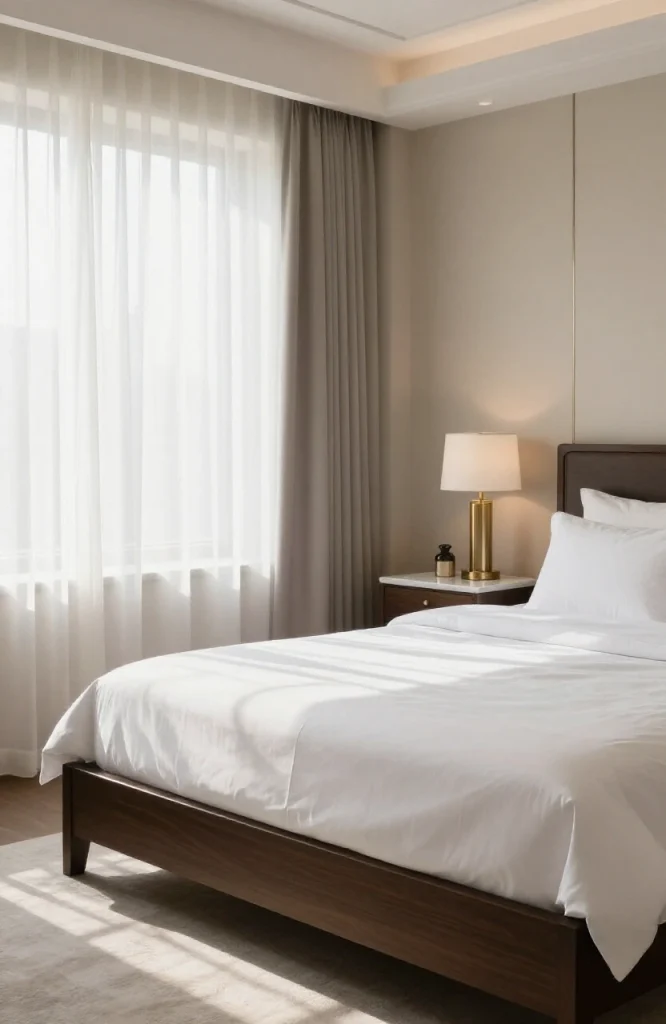 High-quality white hotel-grade bedding with layered textures and crisp linens on a modern bed frame