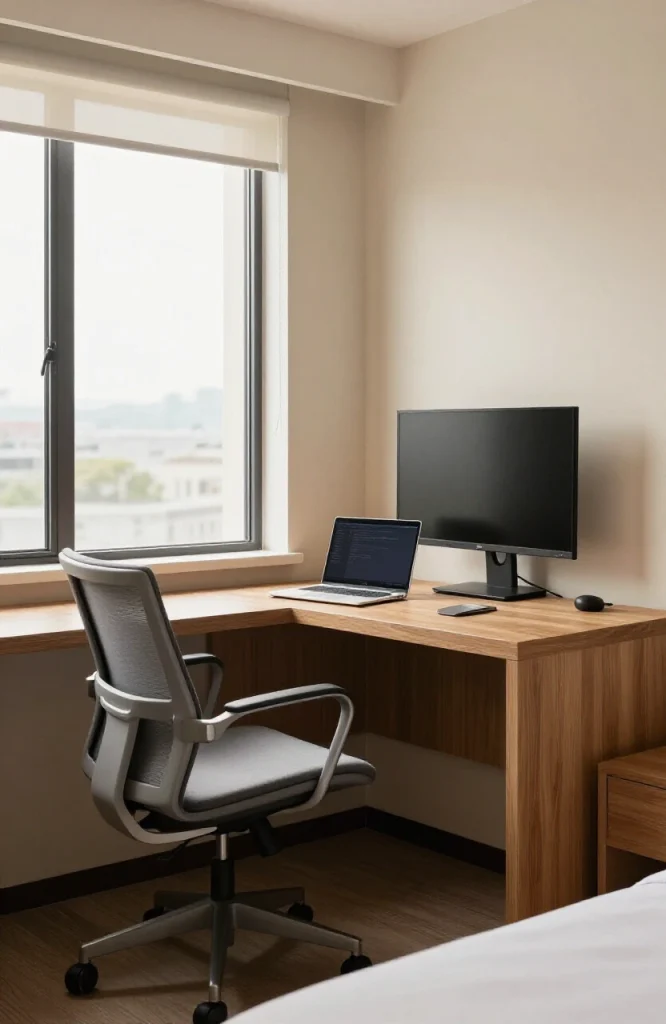 Laptop and notebook on hotel room desk with natural light from window for productive remote work