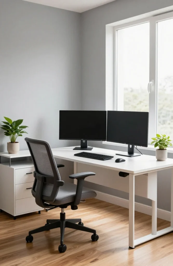 Modern hybrid workspace combining home office desk with professional office furniture and technology for flexible work betwee