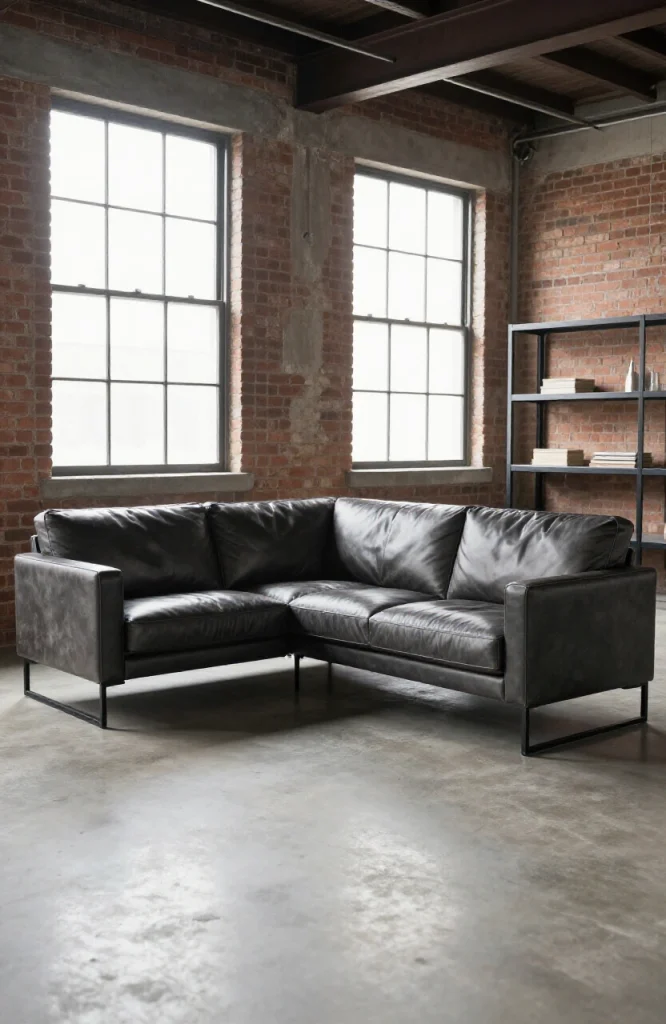 Industrial L-shaped sectional sofa featuring exposed metal frame, dark upholstery, and minimalist design in modern living roo