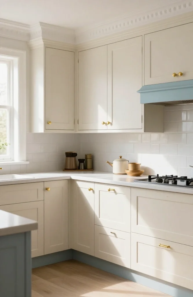 Victorian kitchen with ivory cabinetry, gray countertops, soft blue accents, traditional hardware, and elegant lighting fixtu