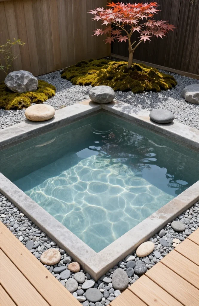 Japanese-inspired square soaking pool surrounded by moss-covered stones and natural landscaping in small yard setting