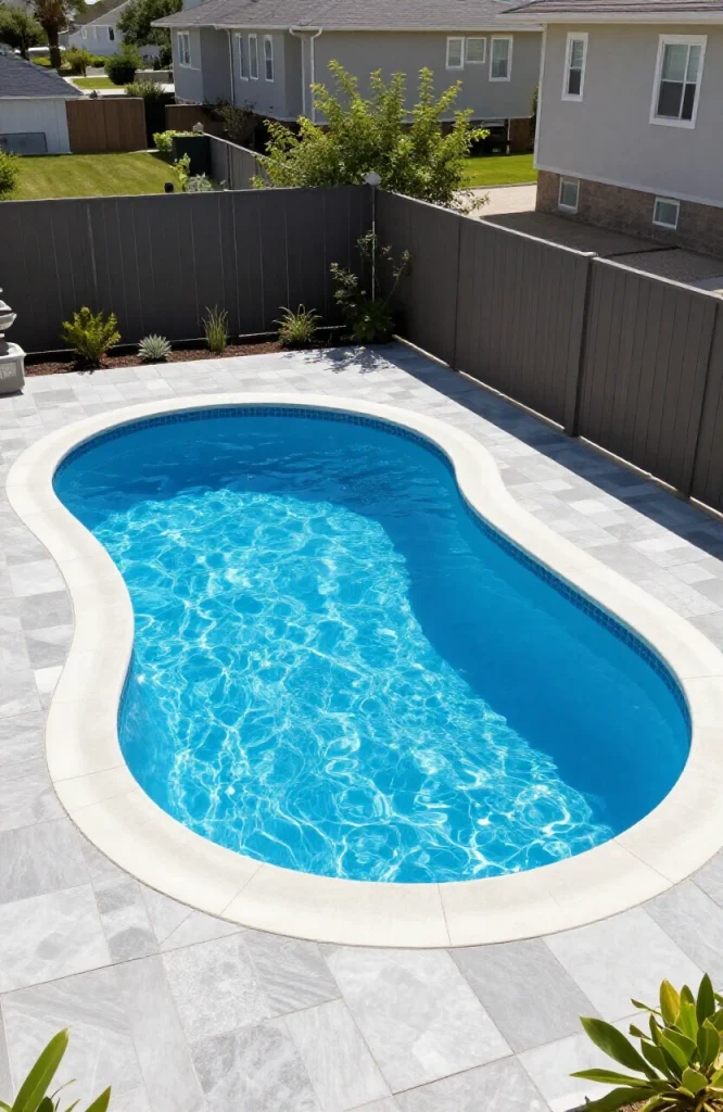 Freeform kidney shaped plunge pool in small backyard with curved edges softening rectangular yard lines