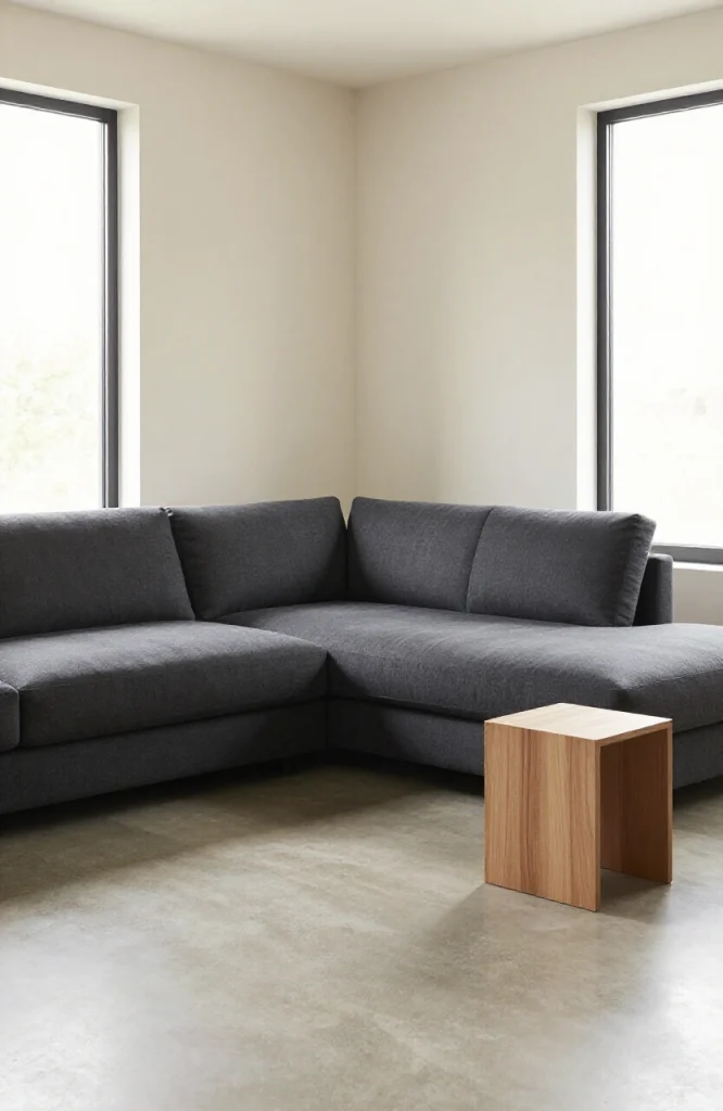 Modern L-shaped sofa positioned in an irregularly shaped living room with neutral tones and minimalist decor