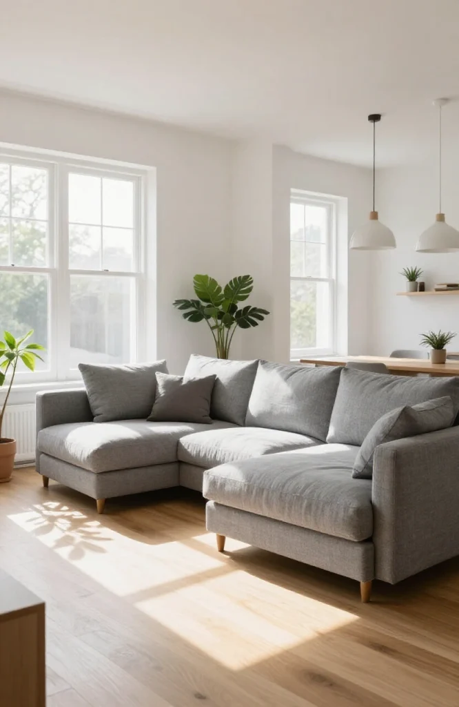 Modern L-shaped sofa positioned against back wall of living room with minimalist decor and natural lighting