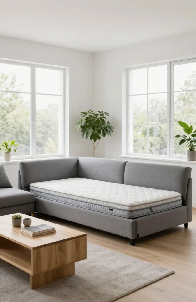 Contemporary L-shaped sofa bed with gray upholstery and pull-out mattress mechanism in minimalist living room