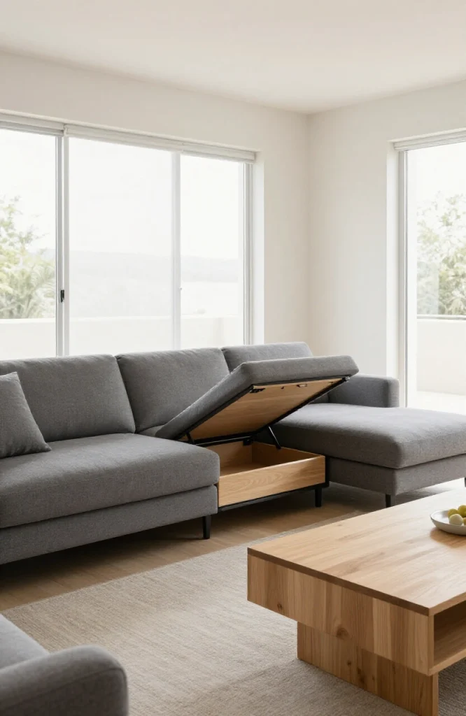 Modern L-shaped sofa with integrated storage compartments under seating cushions in neutral living room setting