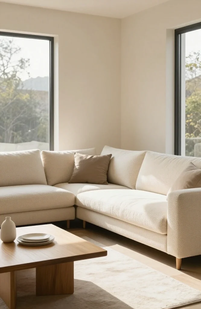 Close-up of fabric swatches showing texture and color options for modern L-shaped sofas