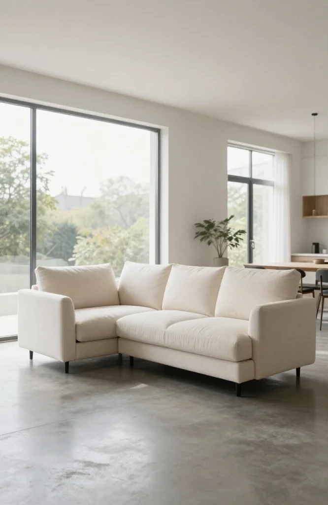 L-shaped sofa positioned in center of living room with floating furniture arrangement and open floor space
