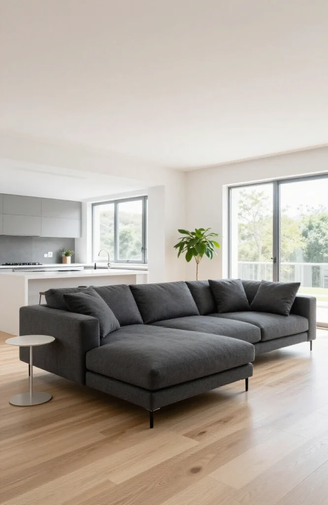 Modern gray L-shaped sectional sofa in spacious open-plan living room with natural lighting and minimalist decor
