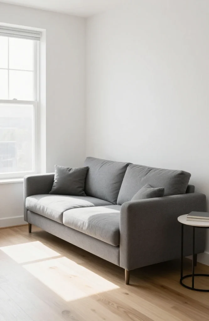 Gray L-shaped sofa with storage in a small living room with natural light and minimalist decor