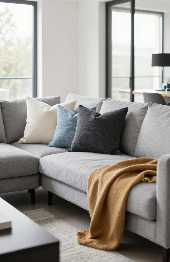Gray L-shaped sofa styled with colorful throw pillows and draped knit blanket in contemporary living room