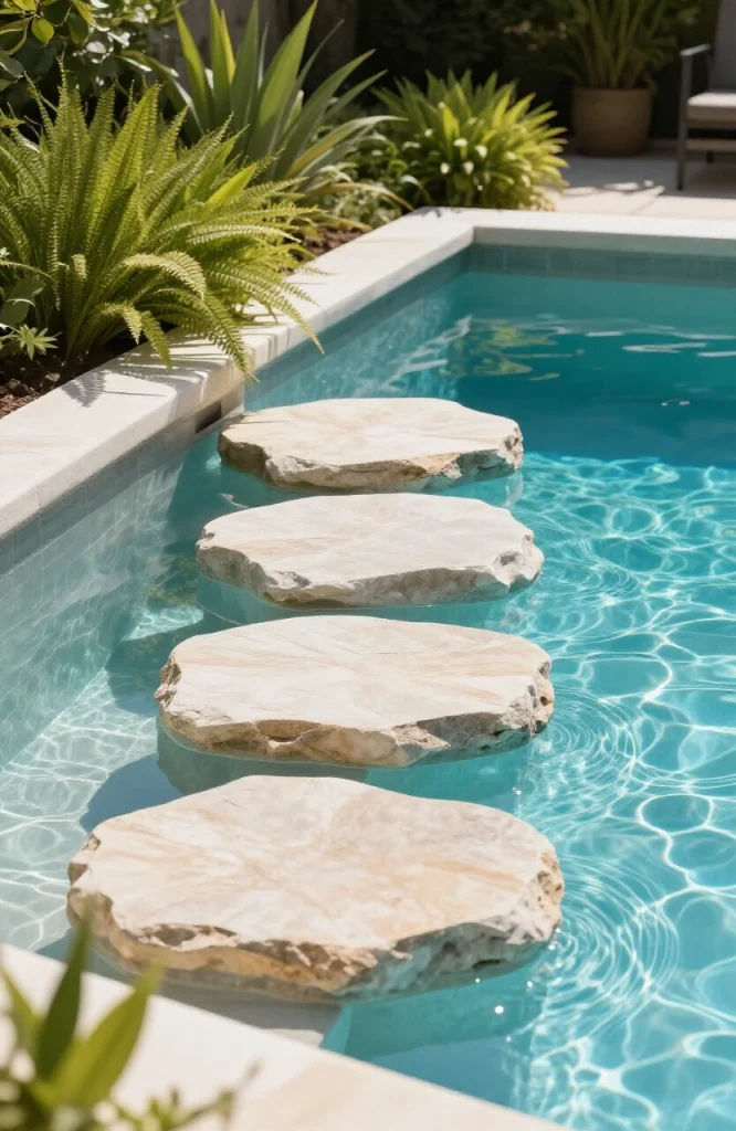Small lagoon-style plunge pool with natural stone stepping stones and lush planted borders creating tropical backyard design