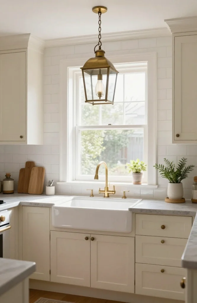 Single lantern-style pendant light hanging above kitchen sink with Victorian-inspired design in neutral kitchen