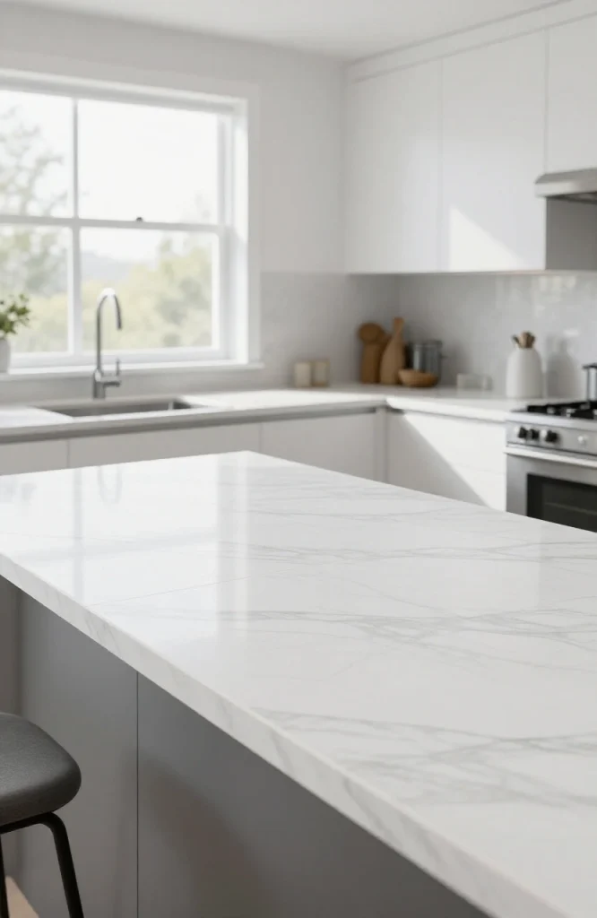 Large-format porcelain tile kitchen countertop with seamless finish and marble-like appearance