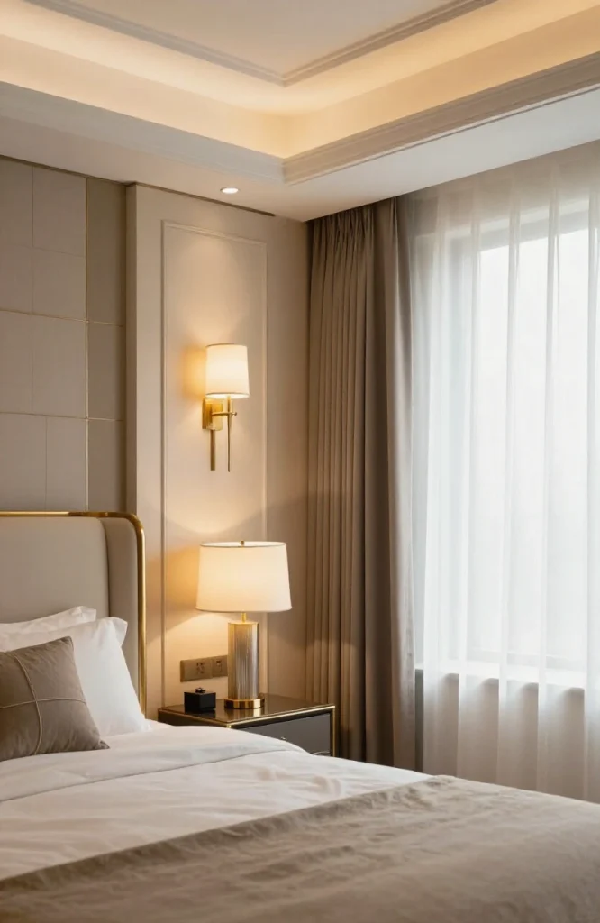 Modern bedroom with layered lighting including overhead fixture, bedside lamps, and accent wall lighting creating ambient ill