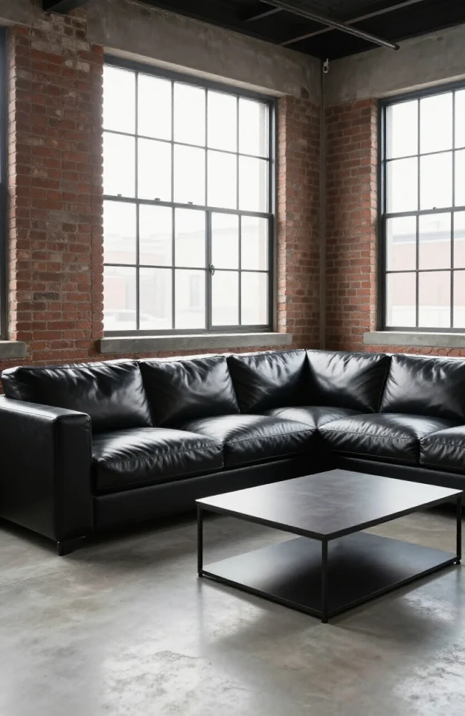 Modern leather L-shaped sectional sofa in dark brown displayed in minimalist living room with wooden flooring