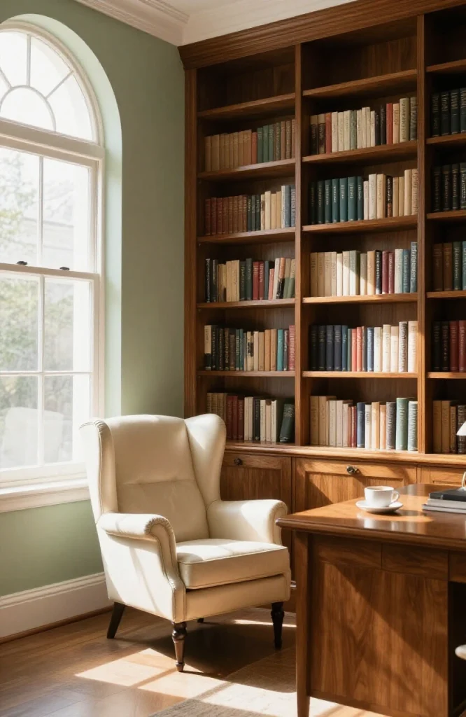 Organized home library workspace with desk, shelving, task lighting, and comfortable seating for focused remote work