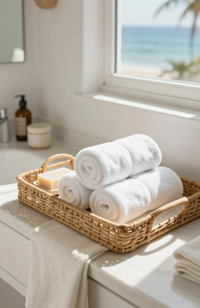 Natural wicker rattan tray with fabric lining holding bathroom essentials on vanity counter