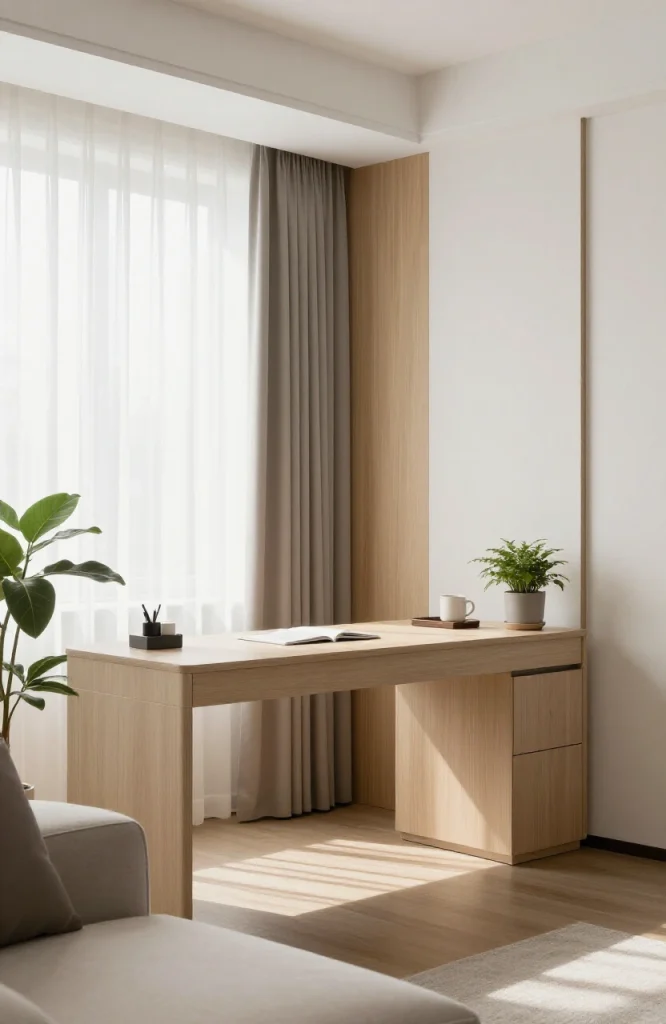 Minimalist living room corner with desk, ergonomic chair, laptop, and natural light from window for flexible remote work