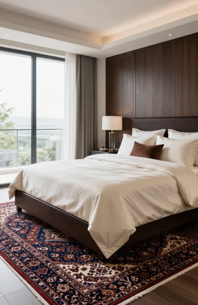 Upscale bedroom featuring a large area rug anchoring the bed and seating area with elegant furnishings