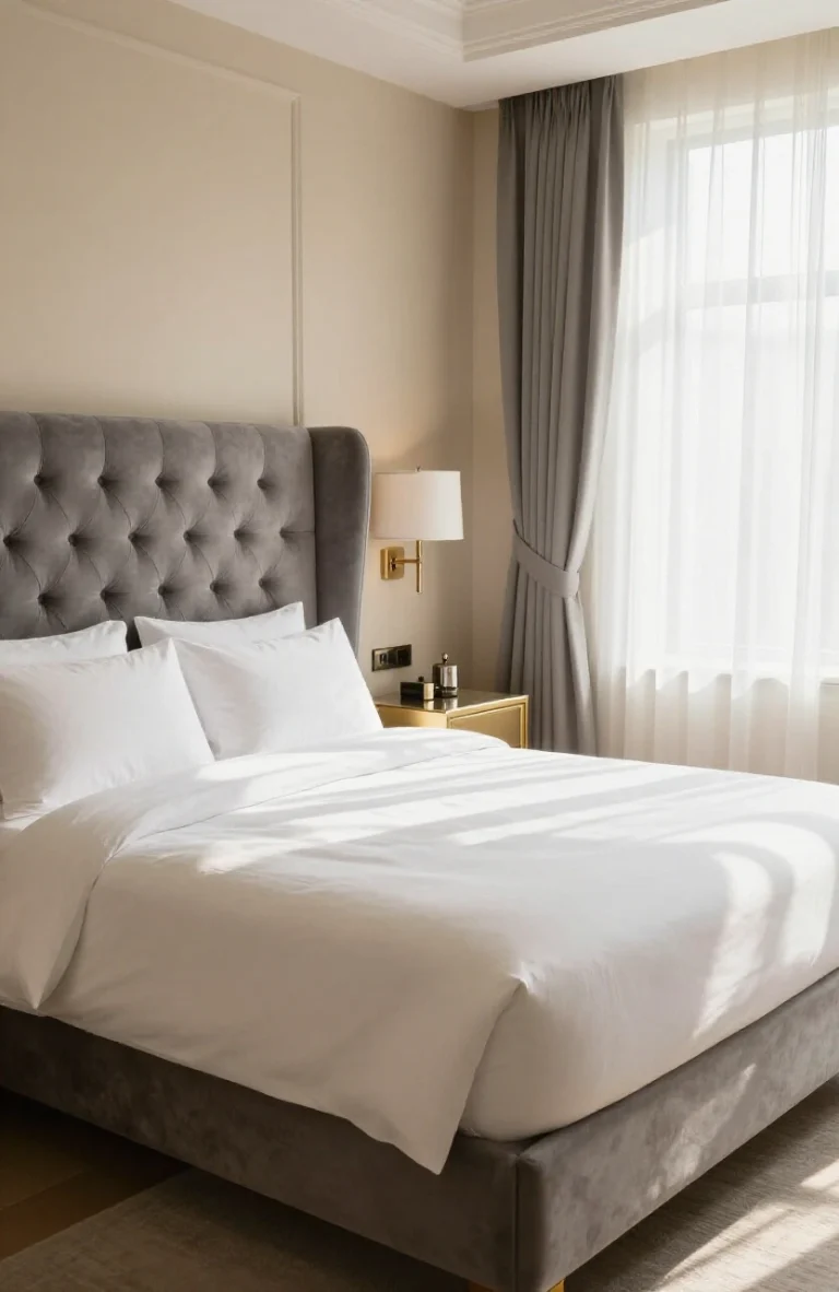 Modern luxurious bedroom featuring elegant furnishings, soft lighting, high-quality bedding, and designer decor elements