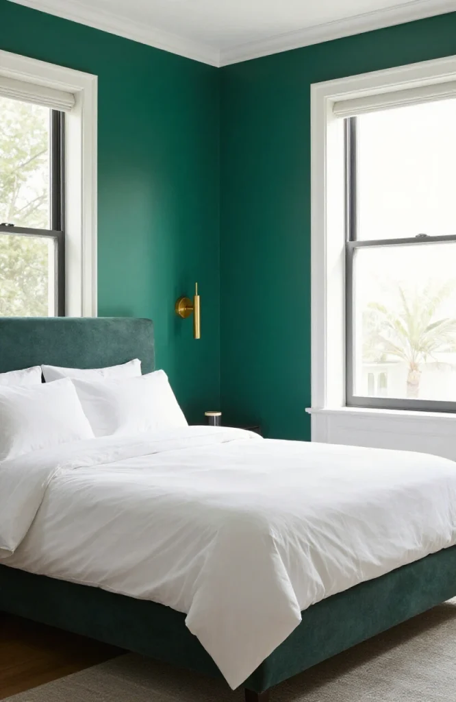 Modern bedroom with bold navy accent wall behind bed featuring gold lighting fixtures and layered bedding