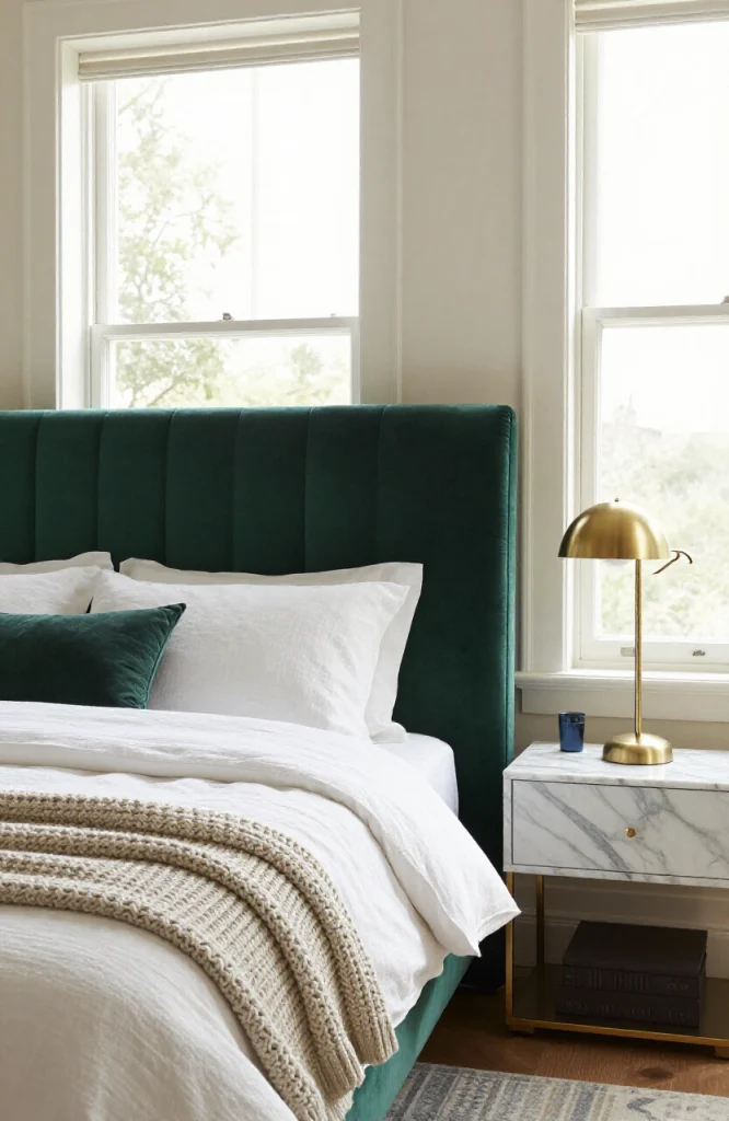 Luxurious bedroom with layered textures including velvet bedding, linen pillows, and knit throw blankets creating visual dept