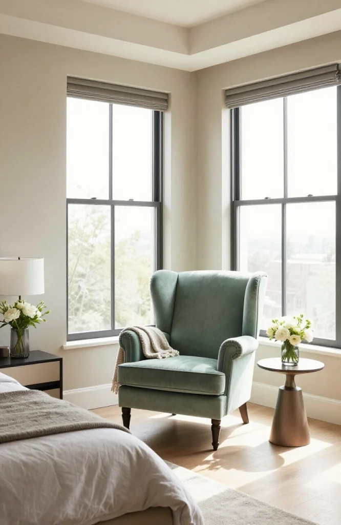 Elegant bedroom reading nook with upholstered armchair, side table, and soft lighting near window