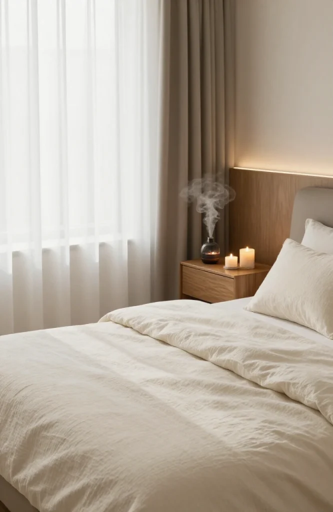 Elegant bedroom with diffuser, ambient lighting, and speaker for scent and sound sensory experience