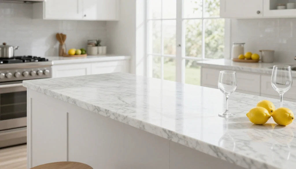 Modern kitchen featuring marble countertop alternative with elegant white and gray veining pattern